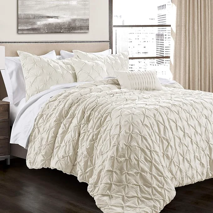 Superior Lush Decor Ravello Pintuck Comforter Set - Luxe 5 Piece Textured Bedding Set - Traditional Glam amp Farmhouse Inspired Bedroom Decor - Full Queen Ivory Flexible