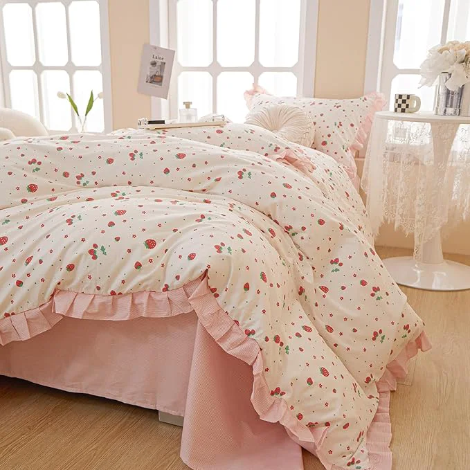 Traditional HighBuy Strawberry Print Comforter Set Twin XL Cute Fruit Bedding Set Ruffle Comforter with 2 Pillowcases Fluffy Reversible College Girl Bedding Comforter Set for All Seasons Detailed
