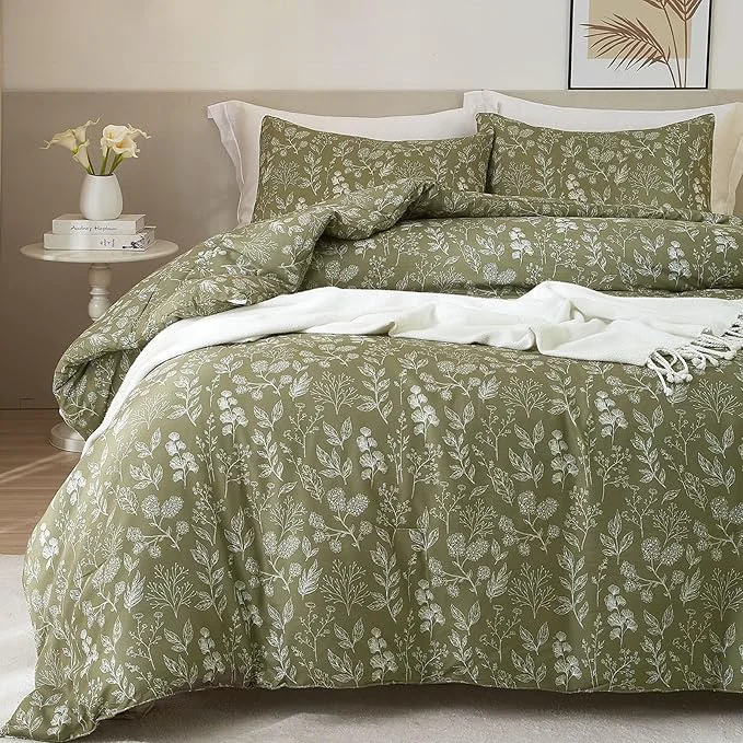 HighBuy Olive Green Comforter Set Twin XL 3 Pieces Aesthetic Floral Print Comforter Cute Flowers Bedding Set for Boys Girls with 2 Pillowcases for All Season - King Size Floral Comforter Set Consistent