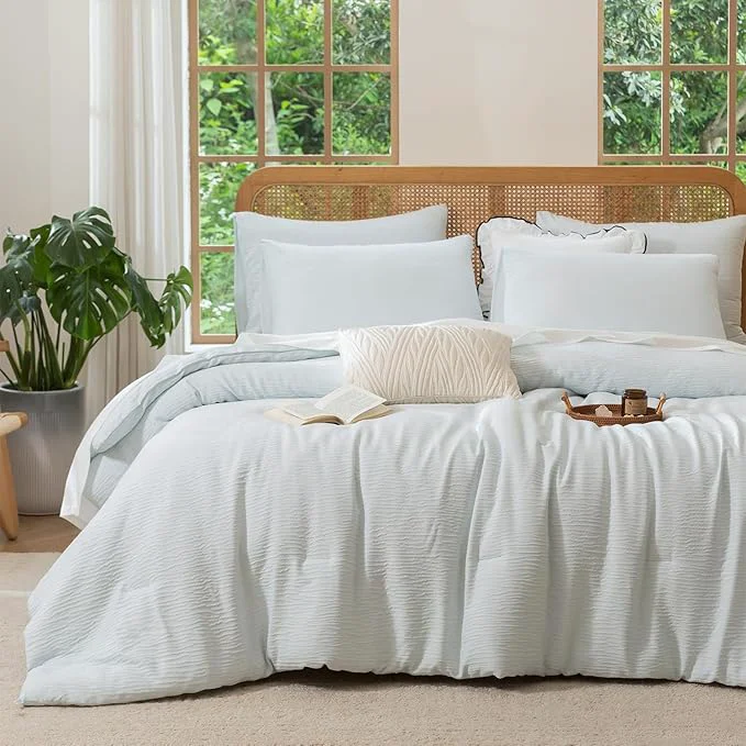 Verified King Comforter Set Glacier Blue 3 Pieces Double-Layer Crinkle Gauze Soft Bedding for All-Season Lightweight Warmth with 2 Pillowcases Prestigious