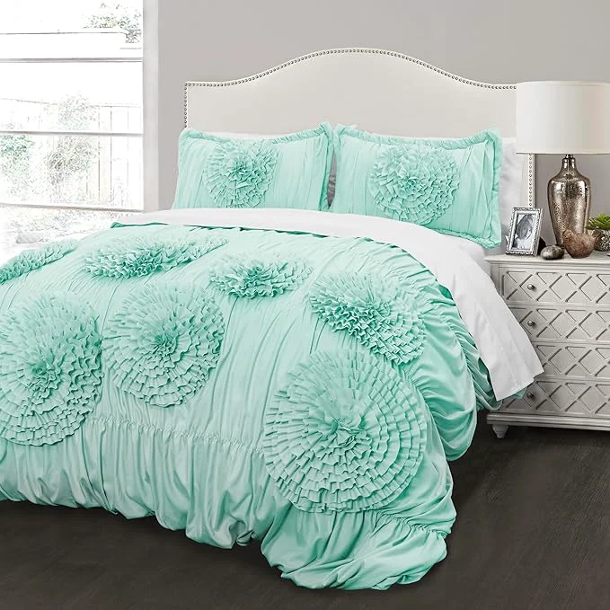 High-Performance Lush Decor Serena Comforter Set 3 Piece Set Full Queen Aqua - Cute Comforter - Queen Bedding Set - Blue Comforter Queen Size - Coquette Decor Soft