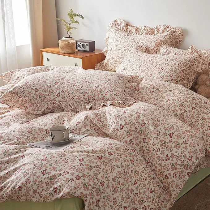 Reliable HighBuy Pink Floral Ruffle Comforter Set Twin XL Size Country Style Bedding Comforter Set Twin XL Smooth Soft for Teen Girls 3 Piece Boho Comforters with 2 Pillowcases Easy Care Flexible