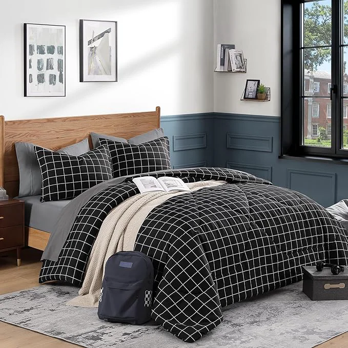 Pure Andency Black Grid Comforter Set Full Size 79x90 Inch 3 Pieces 1 Grid Comforter and 2 Pillowcases Summer Lightweight Microfiber Down Black Comforter with White Lines World-Class