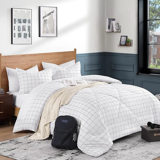 Contemporary Andency White Grid Comforter Set Full Size 79x90 Inch 3 Pieces 1 Grid Comforter and 2 Pillowcases Summer Lightweight Microfiber Down White Comforter with Black Lines Expertly Made