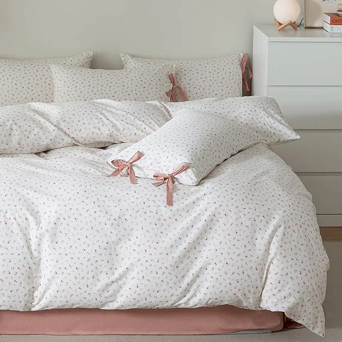 Traditional HighBuy Farmhouse Comforter Set King Botanical Floral Bedding Comforters King for Teen Girls with 2 Bowknot Bow Tie Pillowcases Fluffy Soft Comforter Cozy All Season Comfy Striped Comforter Powerful