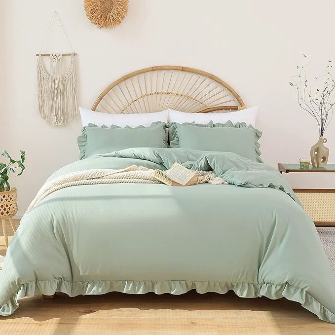 Enhanced JANZAA Twin Comforter Set Sage Green Comforter Set 2PCS Ruffled and 1 Pillow Case Fluffy Vintage Farmhouse Shabby Chic Bedding Soft All Season Traditional