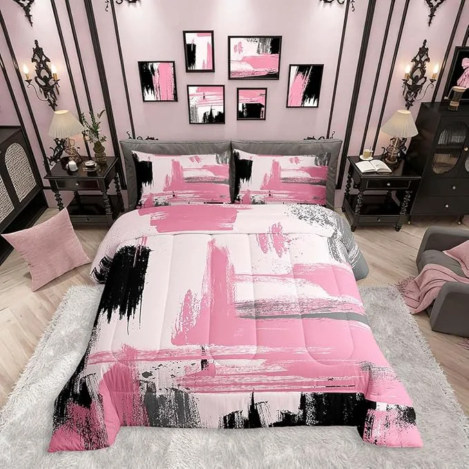 Outstanding Erosebridal Girls Pink King Comforter Set Girly Abstract Pink and Black Comforter Set for Kids Teens Women Geometric Modern Bedding Sets Minimalists Striped Art Bed Sets for Adults Boys Men Optimized
