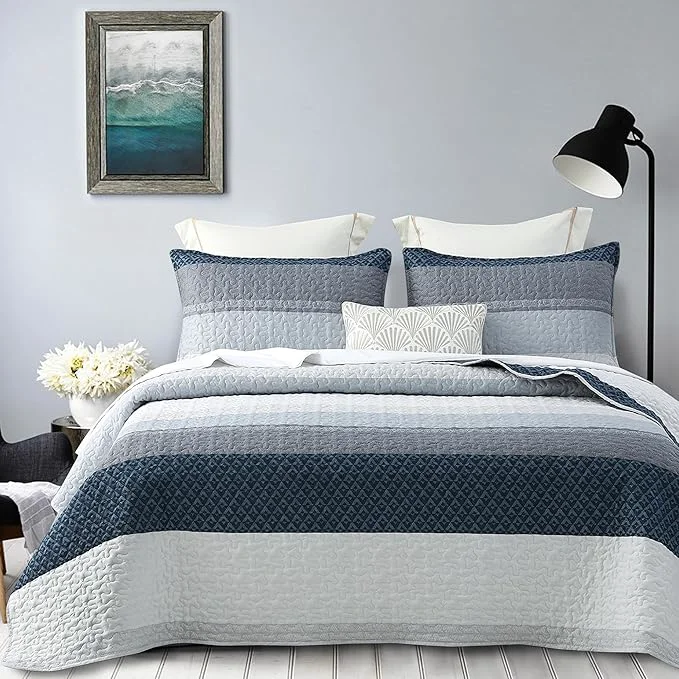 Outstanding DURLENGEN Quilt Set Queen Size 3Pcs Soft Microfiber Lightweight Bedspread Blue amp Navy Striped Geometric Pattern Coverlet for All Season Layering Queen 90x96 Blue Patchwork Sustainable