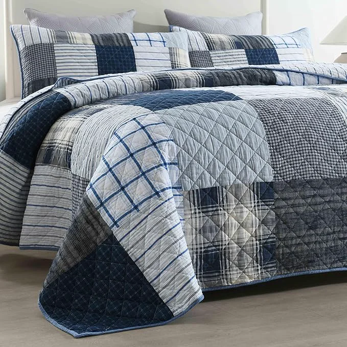 Convenient DURLENGEN Blue amp Grey Patchwork Cotton Queen Quilt 3Pcs Patchwork Blue amp Grey Pattern on White Luxury Lightweight Coverlet Sets for All Season Queen 90x96 Blue amp Grey Patchwork Powerful