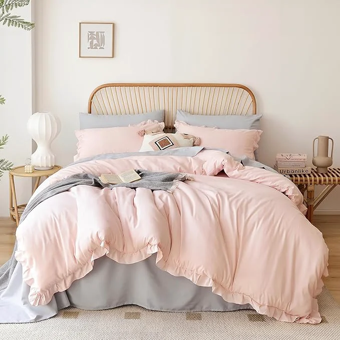 Advanced JANZAA Twin Comforter Set Pink Beding Set 2PCS 1 Ruffled Comforter Set and 1Pillow case Fluffy Vintage Farmhouse Shabby Chic Bedding Soft All Season Functional