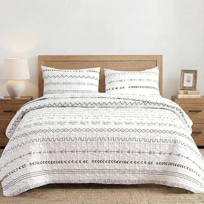 Optimized DURLENGEN White Quilt Set Queen Size 3Pcs Bohemian Design with White amp Black Geometric Pattern Printed on White All Season Lightweight Bedspread Coverlet Sets Queen 90x96 Boho White Breathable