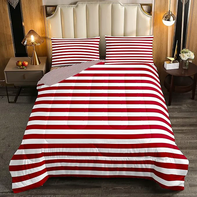 Sophisticated Girl Stripe Comforter Set Queen Size Red White Ticking Stripes Bedding Set Bedroom Decor Horizontal Striped Lines Reversible Down Comforter for Kids Women Modern Abstract Soft Lightweight Duvet Set World-Class