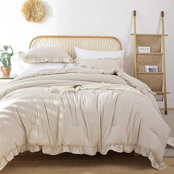 Certified JANZAA Queen Size Comforter Beige Ruffle Comforter Set for Queen Bed 3PCS 1 Off White Comforter and 2 Pillowcases Vintage Shabby Chic Bedding Soft Fluffy Bed Set for All Season Expertly Made