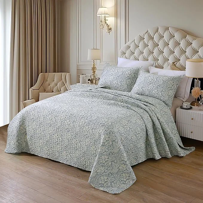 Reliable DURLENGEN Botanical Quilt Set King Size 3Pcs Bluish Grey Printed with Beige Leaves Pattern Soft Polyester Lightweight Bedspread for All Season Layering King 106x96 Beige Botanical Environmentally Friendly