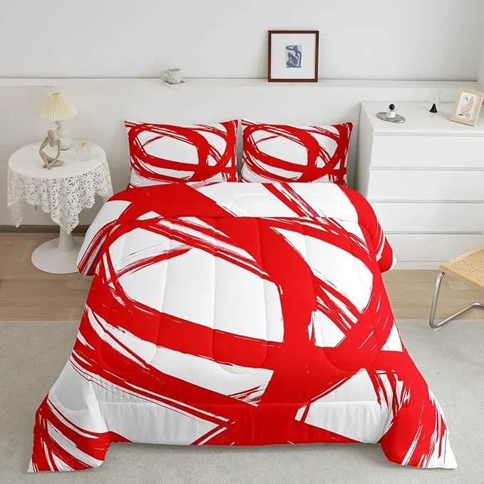 Red and White Abstarct Comforter Set Twin Size for Kids Boys Girs Graffiti Stripes Lines Bedding Set Aesthetic Geometric Duvet Insert for Minimalists Contemporary Boho Modern Art Quilt Enhanced