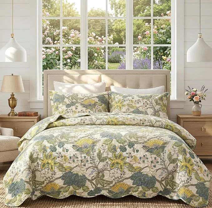 Classic DURLENGEN Forest Cotton Queen Quilt 3Pcs Bohemian Reversible Leaves amp Flowers Pattern on White Luxury Lightweight Coverlet Sets for All Season Queen 90x96 Forest Advanced