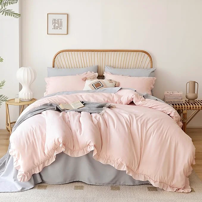 Lightweight JANZAA Bedding Set Blush Ruffle 3PCS 1 Comforter Set and 2 Pillow Covers All Season Shabby Chic Vintage Polyester King Soft Proven