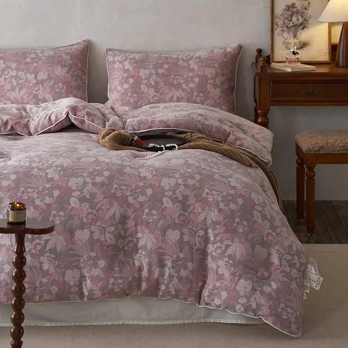 Versatile HighBuy Pink Floral King Size Comforter Set Muslin Cotton Soft Luxury Boho King Comforter Jacquard Print Breathable Lightweight Fluffy Bedding Sets with 1 Comforter and 2 Pillow Shams Practical