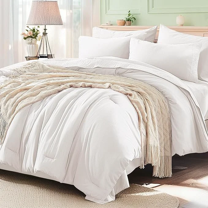 Flexible Anluoer White Full Comforter Set 7 Pieces Bed in a Bag with Sheets All Season Bedding Sets with 1 Comforter 2 Pillow Shams 2 Pillowcases 1 Flat Sheet 1 Fitted Sheet High-Grade