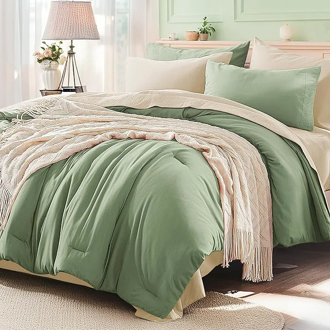 Certified Anluoer Sage and Cream Queen Comforter Set 7 Pieces Bed in a Bag with Sheets All Season Bedding Sets with 1 Comforter 2 Pillow Shams 2 Pillowcases 1 Flat Sheet 1 Fitted Sheet Next-Generation