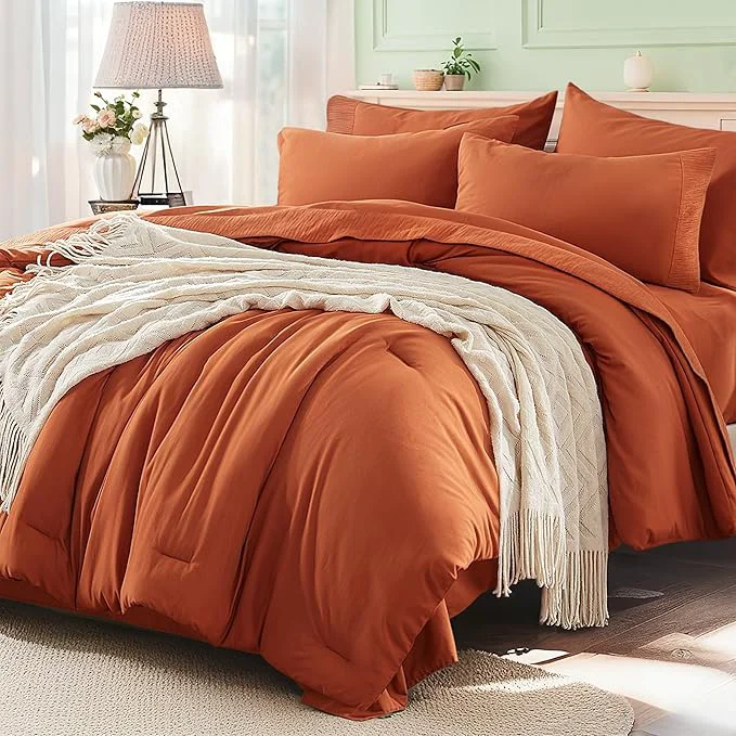 Elite Anluoer Burnt Orange Full Comforter Set 7 Pieces Bed in a Bag with Sheets All Season Bedding Sets with 1 Comforter 2 Pillow Shams 2 Pillowcases 1 Flat Sheet 1 Fitted Sheet Versatile