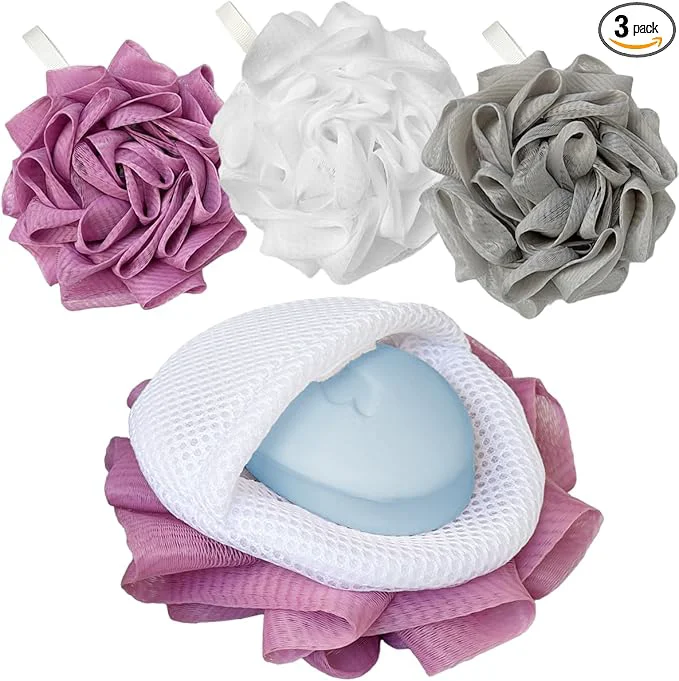 Professional 3 Pack Bath Loofah Shower with Soap Bags Dual-Use Exfoliating Bath Sponges Excellent