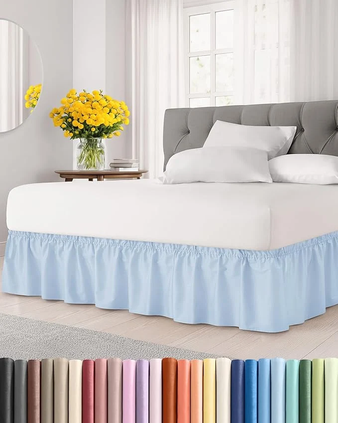 Prestigious Wrap Around Dust Ruffle Bed Skirt - Sky Blue - for Queen Size Beds w 15 Inch Drop - Easy Fit Elastic Strap - Adjustable Pleated Bedskirt w Brushed Fabric - Wrinkle Women Men Kids amp Teens Optimized