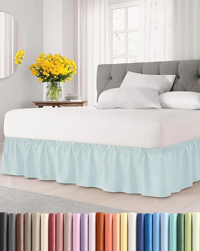 Dependable Wrap Around Dust Ruffle Bed Skirt - Ice Blue - for King Size Beds w 12 Inch Drop - Easy Fit Elastic Strap - Adjustable Pleated Bedskirt w Brushed Fabric - Wrinkle - for Women Men Kids amp Teens Modern