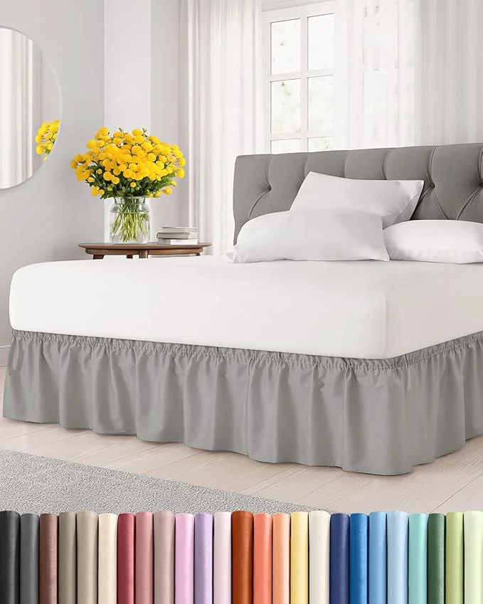 Quality Wrap Around Dust Ruffle Bed Skirt - Light Grey - for King Size Beds with 18 Inch Drop - Elastic Strap - Adjustable Pleated Bedskirt with Brushed Fabric and Wrinkle - for Women Men Kids amp Teens First-Class