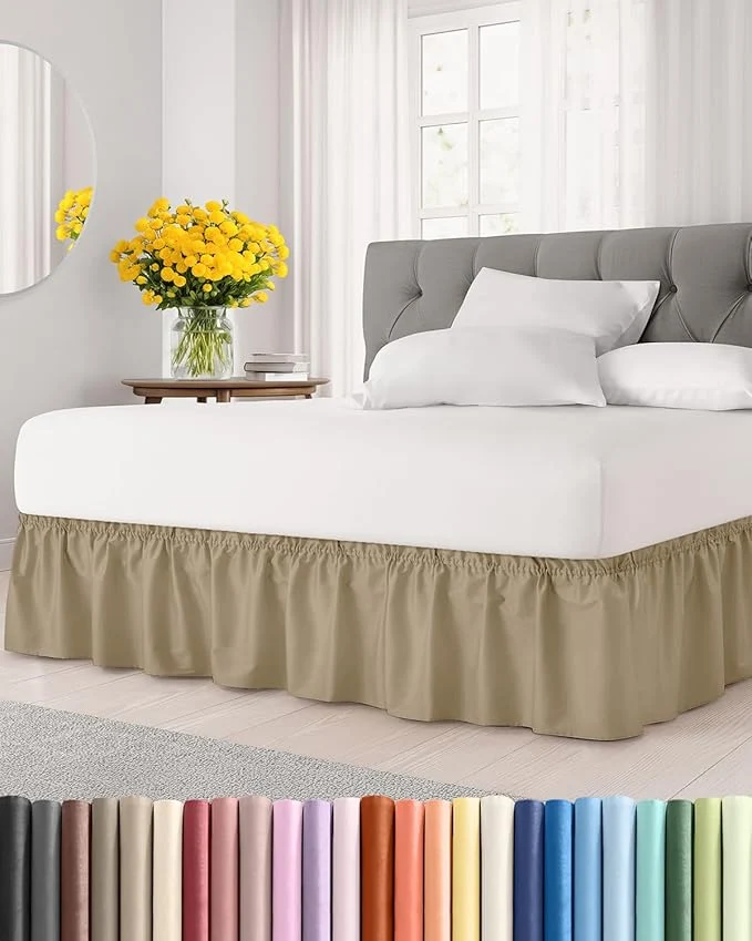 Artisan Wrap Around Dust Ruffle Bed Skirt - Beige - for Queen Size Beds with 21 Inch Drop - Easy Fit Elastic Strap - Adjustable Pleated Bedskirt w Brushed Fabric - Wrinkle - for Women Men Kids amp Teens Genuine