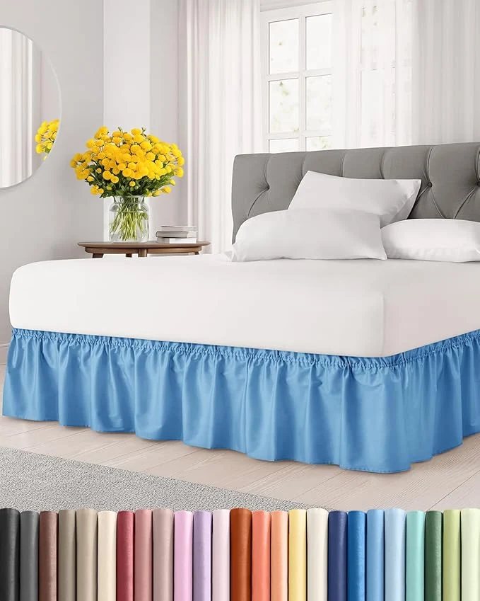 Casual Wrap Around Dust Ruffle Bed Skirt - Denim Blue - for Queen Size Beds with 15 Inch Drop - Elastic Strap - Adjustable Pleated Bedskirt with Brushed Fabric and Wrinkle - For Women Men Kids amp Teens Eco-Friendly