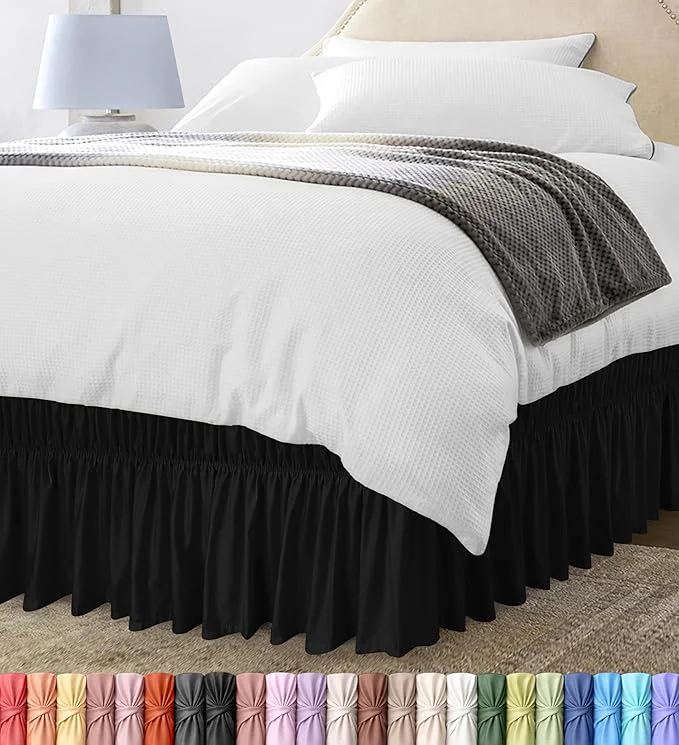 Consistent Wrap Around Ruffle Full Size Bed Skirt – Adjustable Buckle amp Elastic Belt for Easy Installation 16 Inch Drop – Brushed Microfiber - Machine Washable Fade and Wrinkle Resistant Black Professional