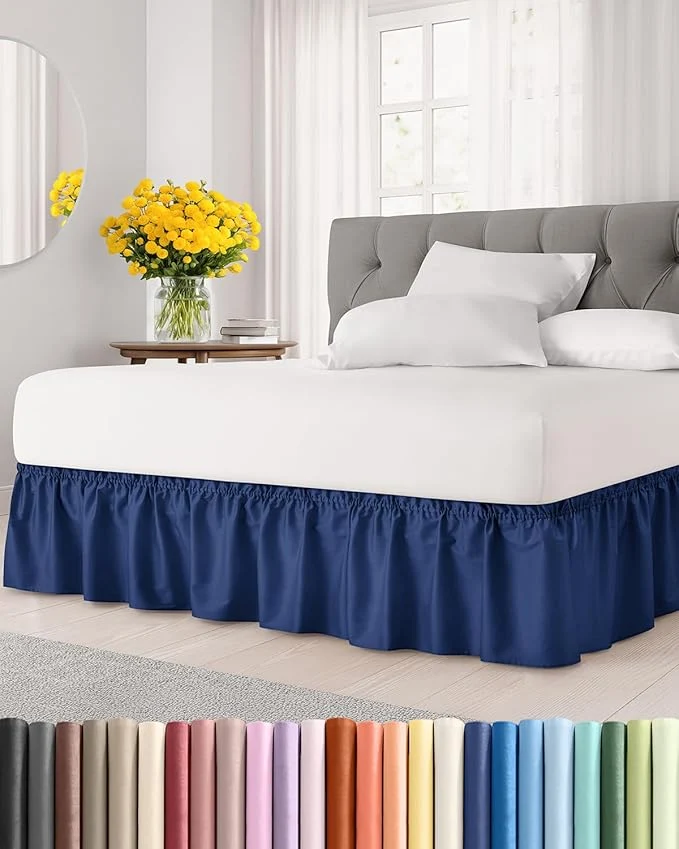 Specialty Wrap Around Dust Ruffle Bed Skirt - Navy Blue - for King Size Beds with 24 Inch Drop - Elastic Strap - Adjustable Pleated Bedskirt with Brushed Fabric and Wrinkle - for Women Men Kids amp Teens Enhanced