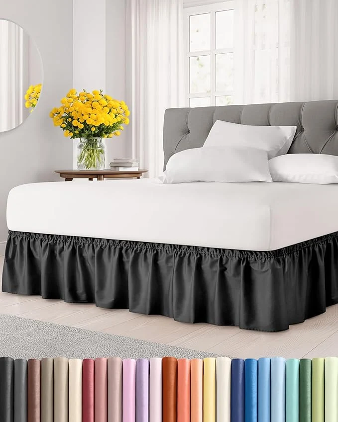 Verified Wrap Around Dust Ruffle Bed Skirt - Black - for King Size Beds with 21 Inch Drop - Easy Fit Elastic Strap - Adjustable Pleated Bedskirt w Brushed Fabric - Wrinkle - for Women Men Kids amp Teens High-Quality