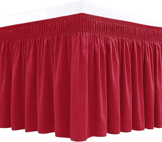 Crafted Biscaynebay Wrap Around Bed Skirts for Queen Beds with Short Drop of 12 quot Red Adjustable Elastic Dust Ruffles Easy Fit Wrinkle Resistant Silky Luxurious Fabric Machine Washable Premium Material