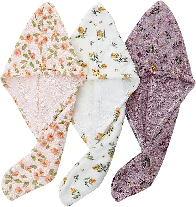 Fine 3 PCS Hair Towel Wrap Cute Pastel Floral Print Microfiber Fleece Hair Drying Crafted