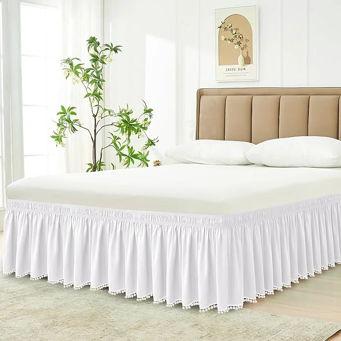 Soft Biscaynebay Wrap Around Bed Skirts with Pompom for King Beds 15 quot Drop White Adjustable Elastic Dust Ruffles Easy Fit Wrinkle amp Fade Resistant Silky Luxurious Fabric Machine Washable Smooth