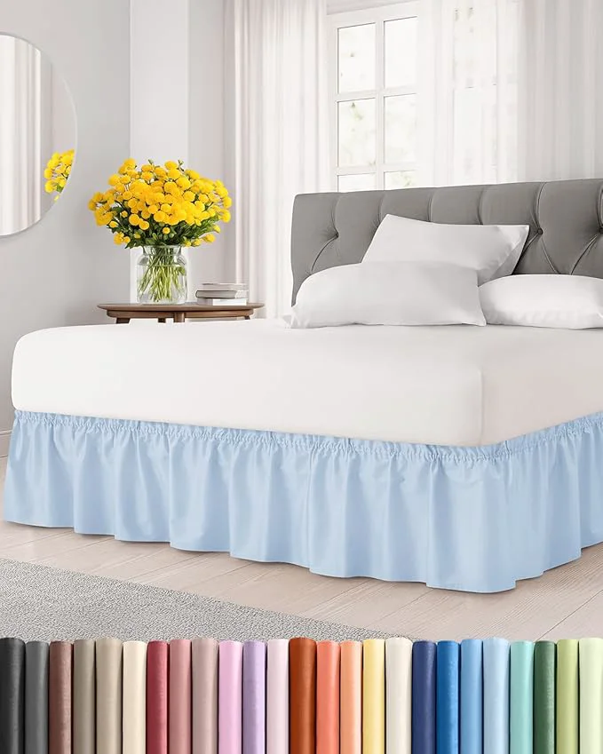 Fine Crafted Wrap Around Dust Ruffle Bed Skirt - Sky Blue - for King Size Beds w 15 Inch Drop - Easy Fit Elastic Strap - Adjustable Pleated Bedskirt w Brushed Fabric - Wrinkle Women Men Kids amp Teens Safe