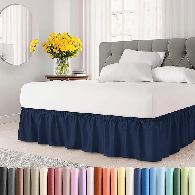 Modern Wrap Around Dust Ruffle Bed Skirt - Navy Blue - for Queen Size Beds with 21 Inch Drop - Elastic Strap - Adjustable Pleated Bedskirt with Brushed Fabric and Wrinkle - for Women Men Kids amp Teens Pure