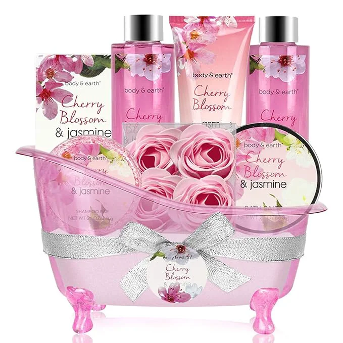 Smart Body Earth Gift Baskets for Women Bath and Body Set for Her Cherry Blossom Detailed