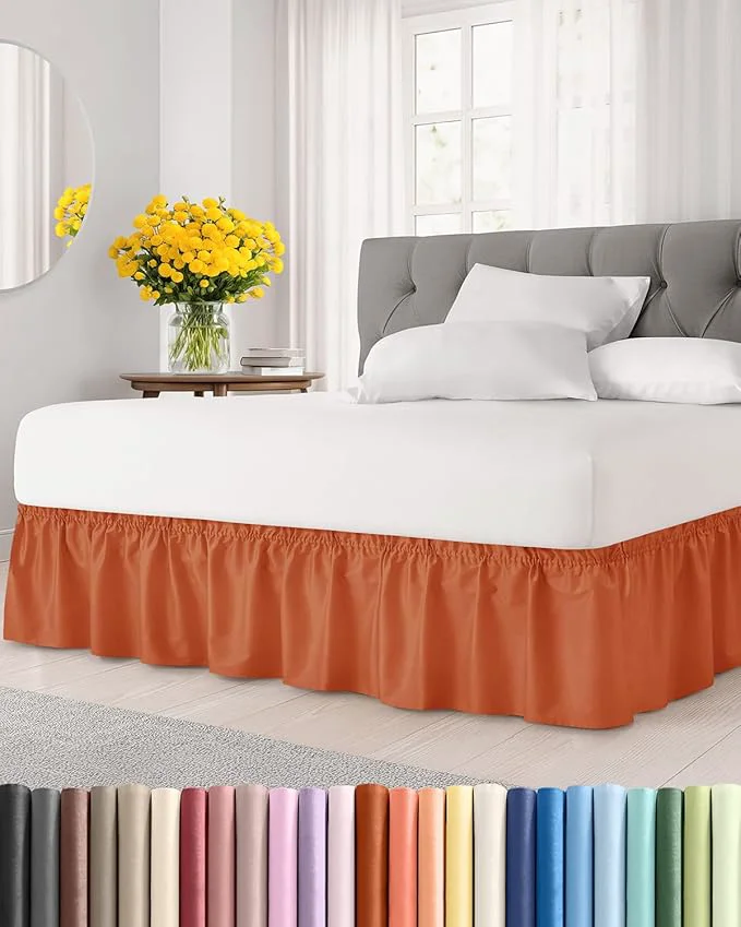 Clean Wrap Around Dust Ruffle Bed Skirt - Terracotta - for Full Size Beds w 12 Inch Drop - Easy Fit Elastic Strap - Adjustable Pleated Bedskirt w Brushed Fabric - Wrinkle Women Men Kids amp Teens Official