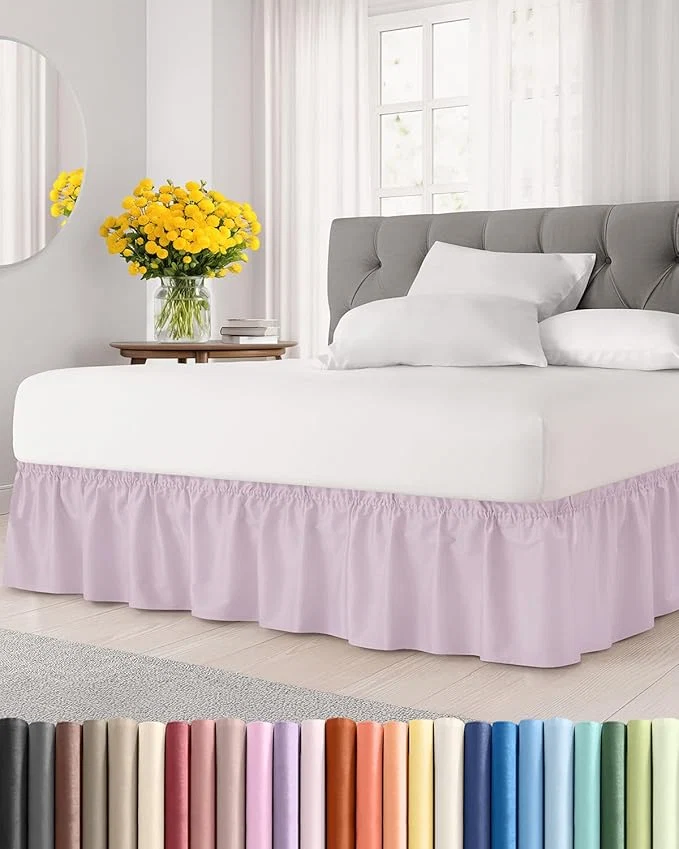 Reusable Wrap Around Dust Ruffle Bed Skirt - Light Lavender - for Queen Size Beds w 12 Inch Drop - Easy Fit Elastic Strap - Adjustable Pleated Bedskirt w Brushed Fabric Wrinkle Women Men Kids amp Teens Superior