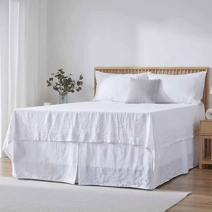 Secure Simple amp Opulence Belgian Linen Bed Skirt with Classic 22 inch Tailored Drop Dust Ruffle Easy Fit Breathable Premium Natural Flax - Basic White King Outstanding