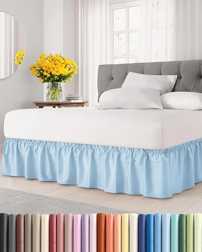Clean Wrap Around Dust Ruffle Bed Skirt - Light Blue - for King Size Beds with 18 Inch Drop - Elastic Strap - Adjustable Pleated Bedskirt with Brushed Fabric and Wrinkle - for Women Men Kids amp Teens Efficient