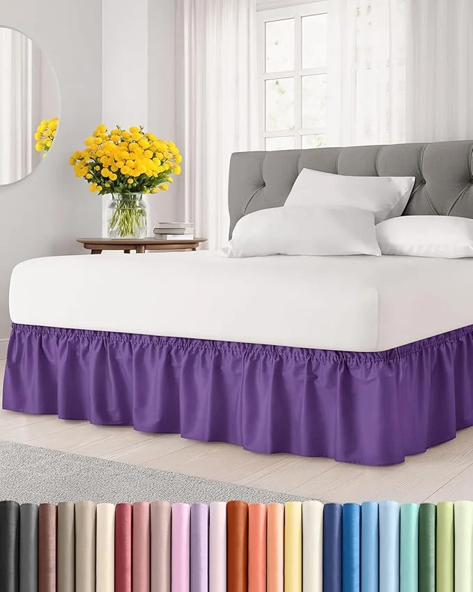 Reusable Wrap Around Dust Ruffle Bed Skirt - Purple - Twin Twin XL Size Beds with 18 Inch Drop - Easy Fit Elastic Strap - Adjustable Pleated Bedskirt w Brushed Fabric - Wrinkle - Women Men Kids amp Teens Detailed
