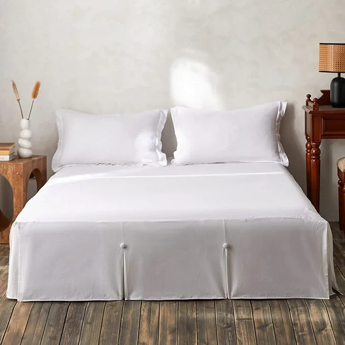 Responsible BISELINA French Linen Bed Skirt Split Corner with Button 14-Inch Tailored Drop Natural Flax Cotton Blend Basic Dust Ruffle Soft Cozy 14 quot Queen Button White Luxury