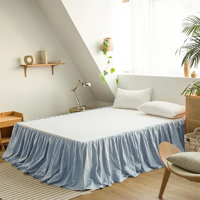 Unique BISELINA French Linen Bed Skirt with Pleated Frills 14-Inch Tailored Drop Natural Flax Cotton Blend Dust Ruffle Soft Cozy Farmhouse Bedding 14 quot Twin Dusty Blue Dependable