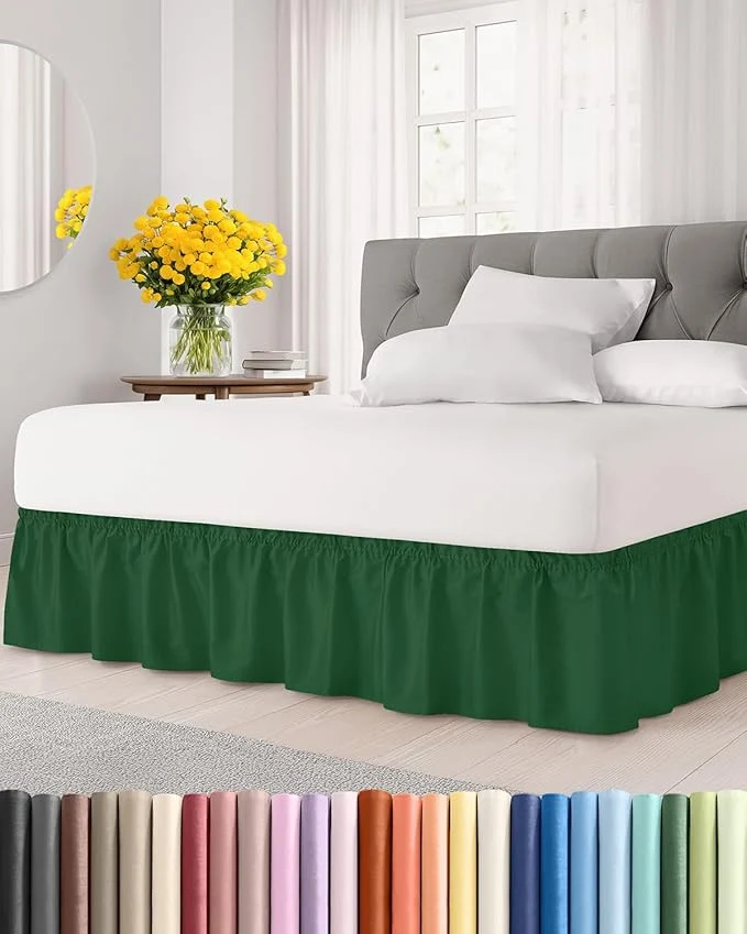 Fine Crafted Wrap Around Dust Ruffle Bed Skirt - Emerald - for Full Size Beds w 12 Inch Drop - Easy Fit Elastic Strap - Adjustable Pleated Bedskirt w Brushed Fabric - Wrinkle - for Women Men Kids amp Teens Convenient