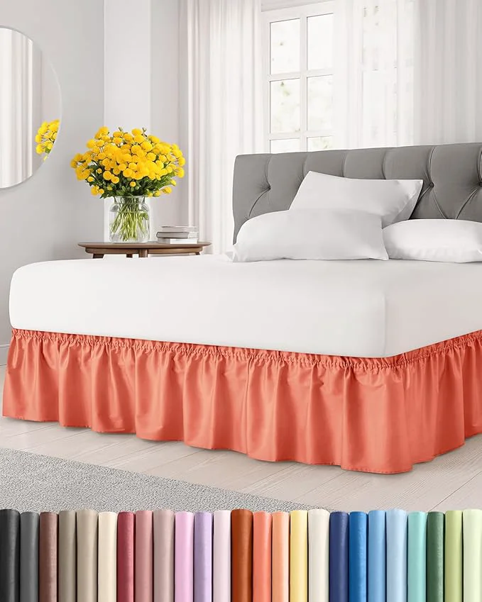 Relaxed Wrap Around Dust Ruffle Bed Skirt - Coral - for Full Size Beds with 18 Inch Drop - Easy Fit Elastic Strap - Adjustable Pleated Bedskirt w Brushed Fabric - Wrinkle - for Women Men Kids amp Teens Fine