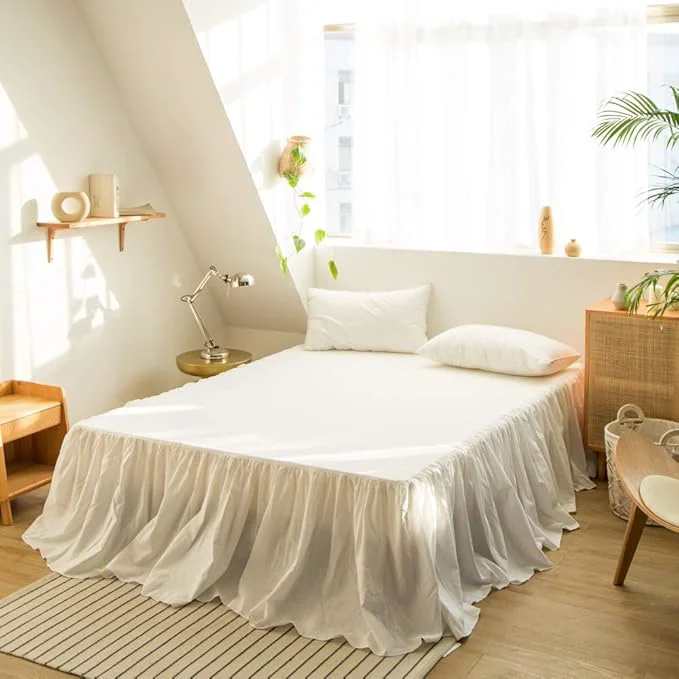 Sophisticated BISELINA French Linen Bed Skirt with Pleated Frills 18-Inch Tailored Drop Natural Flax Cotton Blend Dust Ruffle Soft Cozy Farmhouse Bedding 18 quot Full Ruffle White